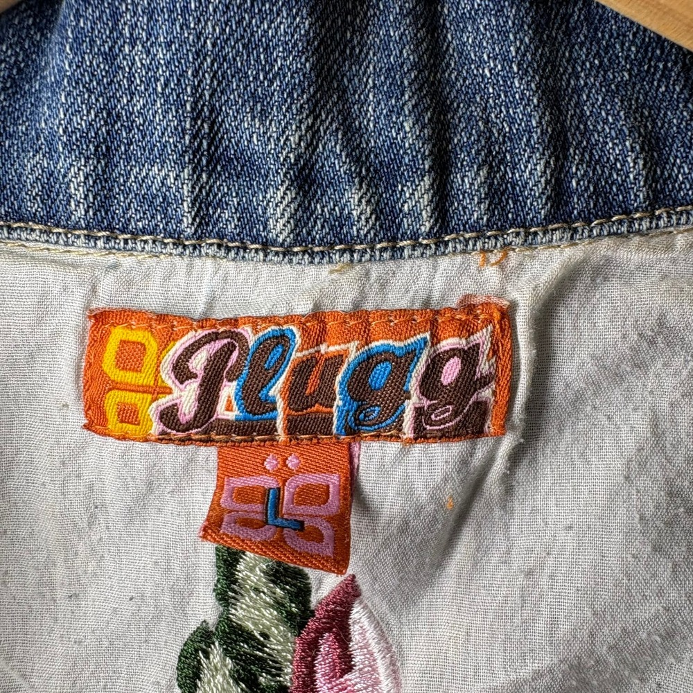 Vintage‎ Plugg Denim Jacket Womens Blue Distressed Bleach Floral Y2K Trucker - Picture 6 of 10